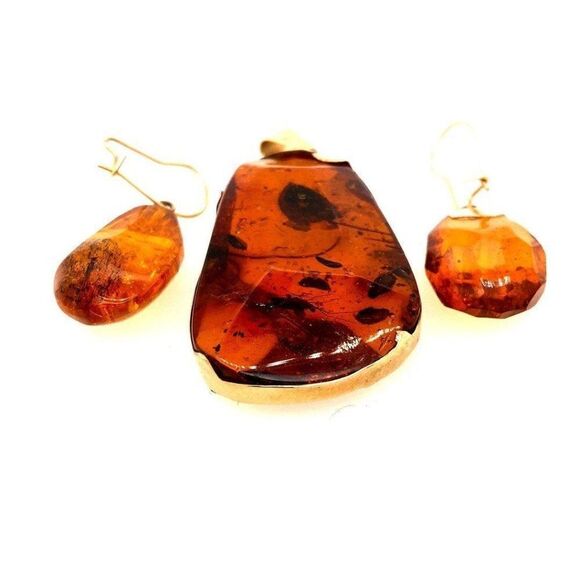 14k Amber Pendant & Earrings Set - Picture 2 of 10